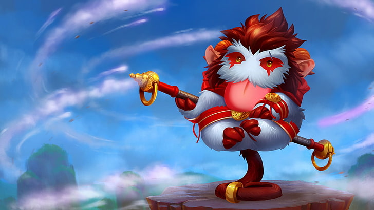 Zeichentrickfigur eines rot-weißen Affen, League of Legends, Poro, Wukong, HD-Hintergrundbild