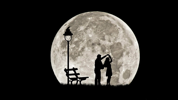 silhueta de homem e mulher, dança, par, silhuetas, lua cheia, HD papel de parede