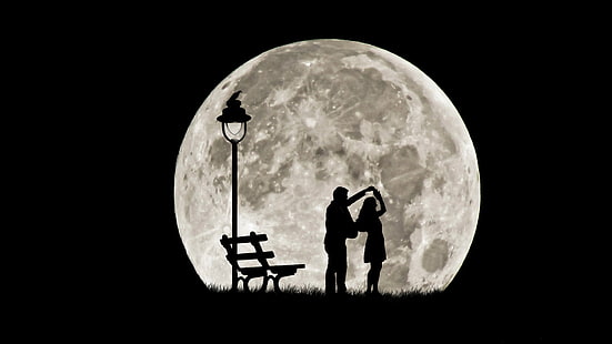 sagoma di uomo e donna, danza, coppia, sagome, luna piena, Sfondo HD HD wallpaper