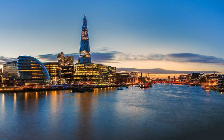 Закат в Лондоне, Cirtscape у воды, прекрасный, вид, saiuling, красивый, здания, закат, вода, огни города, мирный, лодка, великолепие, HD обои