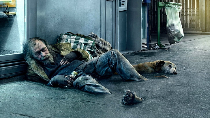 men's blue faded jeans, old people, photo manipulation, dog, homeless, street, HD wallpaper