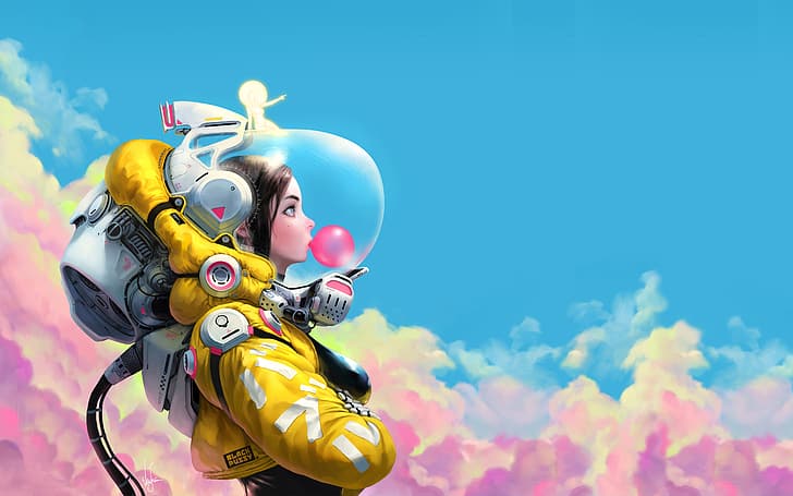 astronaute, combinaison spatiale, bubble gum, nuages, numérique, ciel, Fond d'écran HD