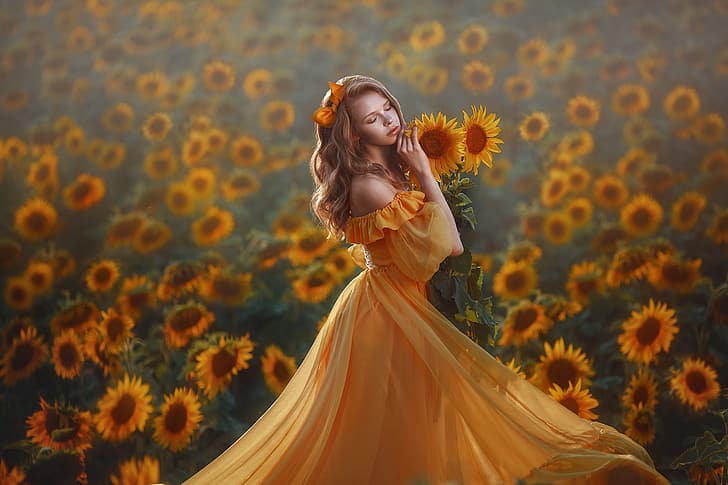field, girl, sunflowers, pose, mood, dress, closed eyes, Lera Of Vasiljeva, HD wallpaper