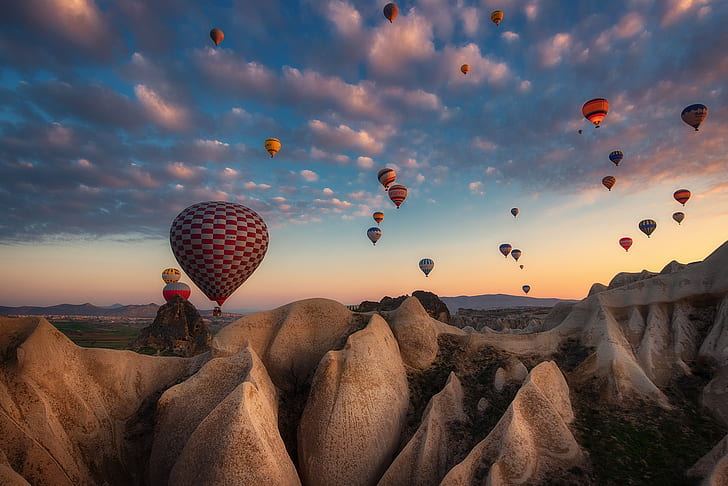 balloons, rocks, the evening, Turkey, Cappadocia, Materov., tuff, HD wallpaper