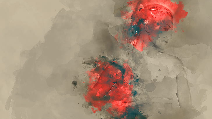 Aquarell, Porträt, beige Hintergrund, beige, rot, HD-Hintergrundbild