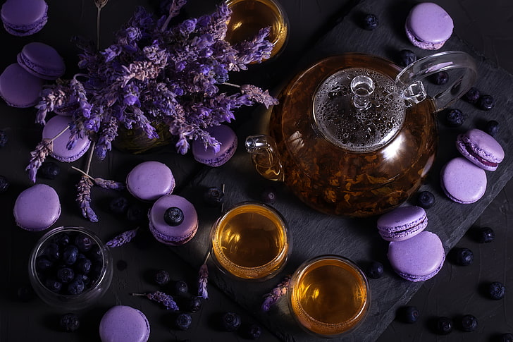 tea, kettle, Cup, lavender, blueberries, HD wallpaper