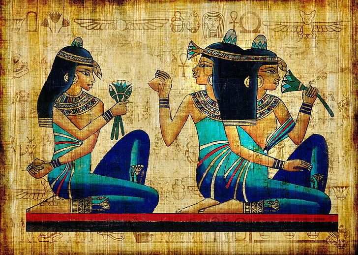 ثلاثة فراعنة اللوحة ، سمراء ، فتاة ، القديمة ، مصر ، الرسم، خلفية HD