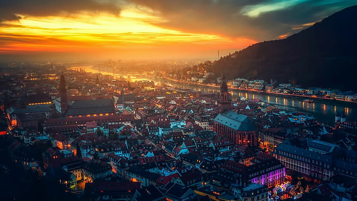 matahari terbenam, lanskap kota, sungai, Jerman, kastil, lanskap, lentera langit, kota, Heidelberg, sinar matahari, pegunungan, Wallpaper HD
