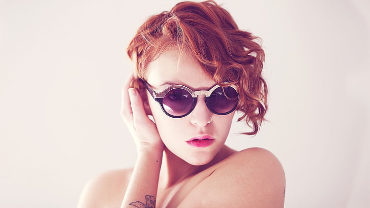 model, Piercing, redhead, sunglasses, tattoo, women, HD wallpaper