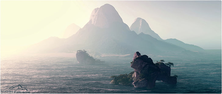 mountains, sea, render, 3D, digital art, HD wallpaper