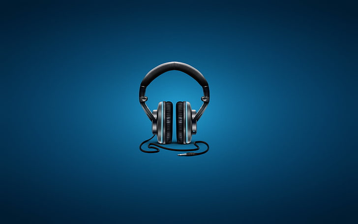 headphone corded abu-abu dan hitam ilustrasi, musik, headphone, latar belakang biru, kabel, Wallpaper HD
