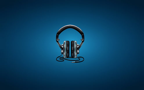 Ilustración de auriculares con cable gris y negro, música, auriculares, fondo azul, cable, Fondo de pantalla HD HD wallpaper