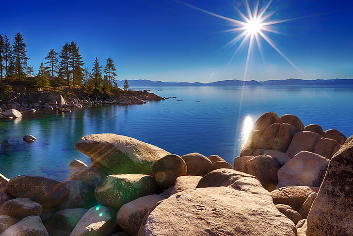 beige stones on body of water, Sand, Harbor, beige, stones, body of water, landscape, blue  sun, Nevada, lens flare, nature, lake, mountain, outdoors, rock - Object, blue, sky, scenics, water, summer, HD wallpaper
