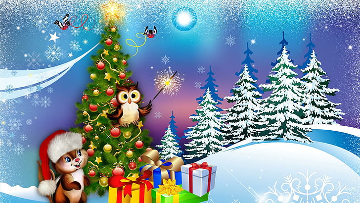 Natures Decorations, gifts, stars, christmas, chipmunk, whimsical, feliz navidad, trees, presents, birds, snow, HD wallpaper