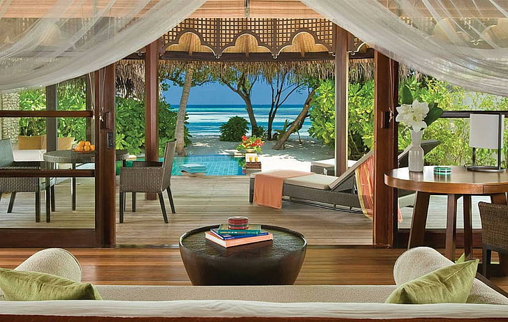 Beach Bungalow Ver en las Maldivas, hotel, tropical, bungalow, resort, laguna, agua, playa, maldivas, océano, arena, azul, Fondo de pantalla HD