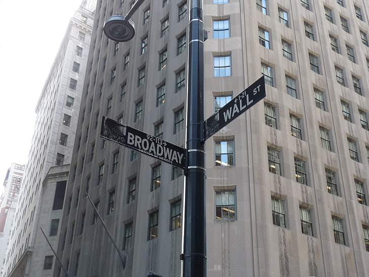 Бродвей и Уолл-стрит вывесок, Нью-Йорк, Бродвей, Уолл-стрит, улица, город, дорожный знак, HD обои