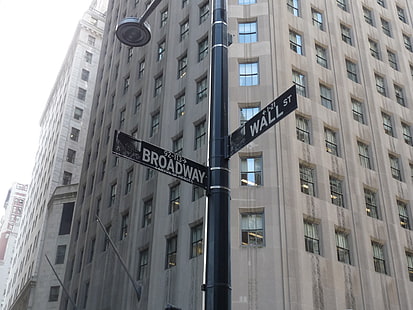 Бродвей и Уолл-стрит вывесок, Нью-Йорк, Бродвей, Уолл-стрит, улица, город, дорожный знак, HD обои HD wallpaper