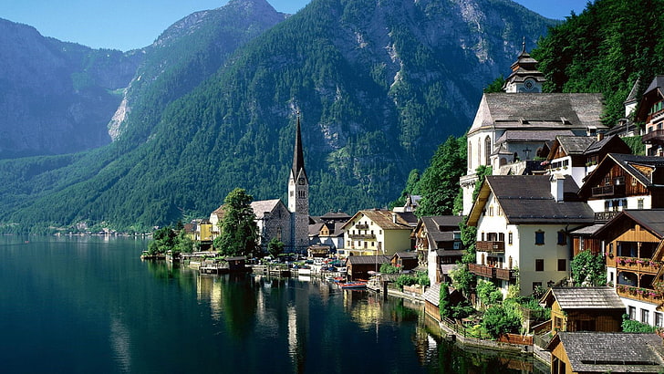 湖、山村、山の風景、山、山岳地形、山の範囲、ハルシュテッター湖、村、町、アルプス、空、ハルシュタット、オーストリア、ザルツカンマーグート、素晴らしい、 HDデスクトップの壁紙