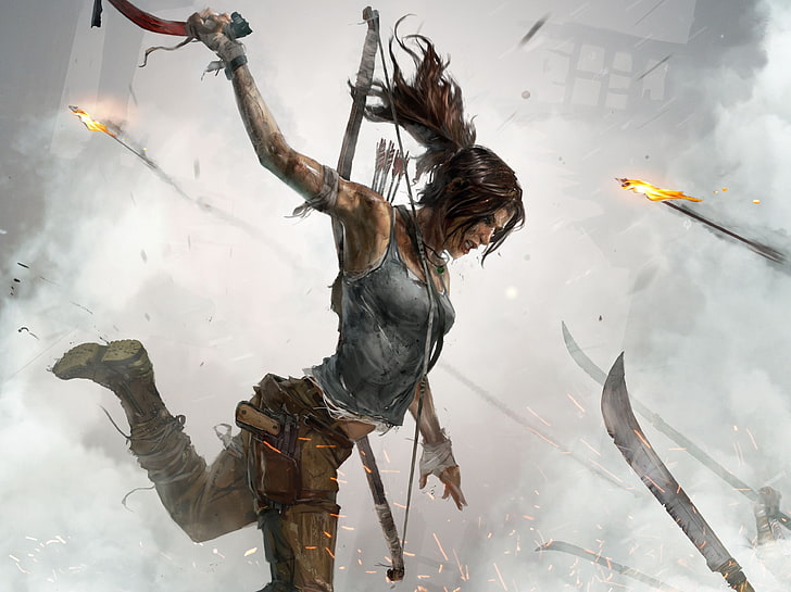 archer woman painting, girl, gun, weapons, fire, blood, hair, smoke, figure, blade, shoes, battle, bow, blow, Tomb Raider, Lara Croft, arrows, Creek, Square Enix, spears, Crystal Dynamics, PS4, X-ONE, Definitive Edition, Nixxes Software BV, ice pick, HD wallpaper