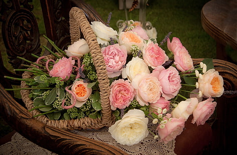 flowers, roses, basket, chrysanthemum, bouquets, composition, HD wallpaper HD wallpaper