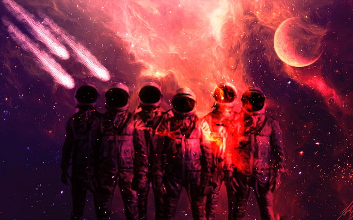 ilustracja sześciu astronautów, kosmos, astronauta, Księżyc, kometa, Tapety HD