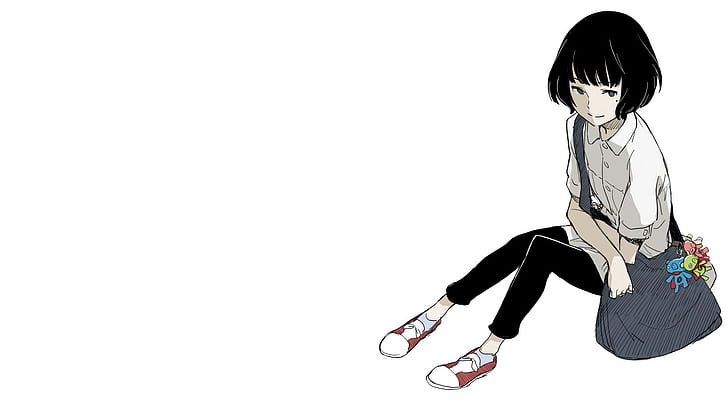 Die Tatami-Galaxie, Akashi, Anime, Anime-Mädchen, schwarzes Haar, kurzes Haar, einfacher Hintergrund, Betrachter betrachtend und lächeln, Yojouhan Shinwa Taikei, HD-Hintergrundbild