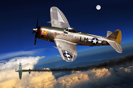the plane, fighter, art, USA, the battle, bomber, BBC, Thunderbolt, the enemy, P-47, WW2., the sky, downed, HD wallpaper HD wallpaper