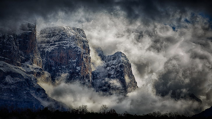 nature, photography, landscape, mountains, clouds, mist, snow, cliff, Greece, HD wallpaper