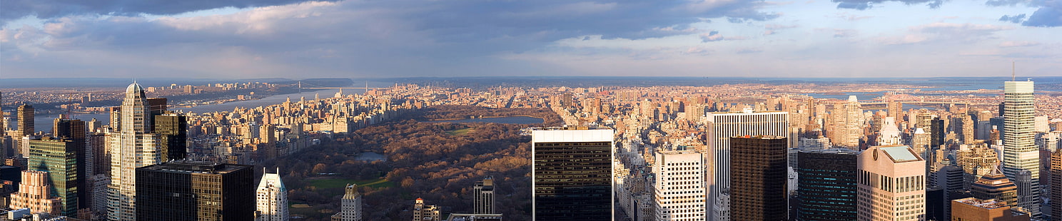 Central Park di New York, New York City, triplo schermo, Central Park, grandangolo, paesaggio urbano, Manhattan, Sfondo HD HD wallpaper