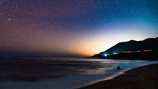 звездное, ночь, звезды, ночное небо, звездная ночь, небо, пляж, море, природа, атмосфера, горизонт, песок, вода, тьма, океан, HD обои HD wallpaper