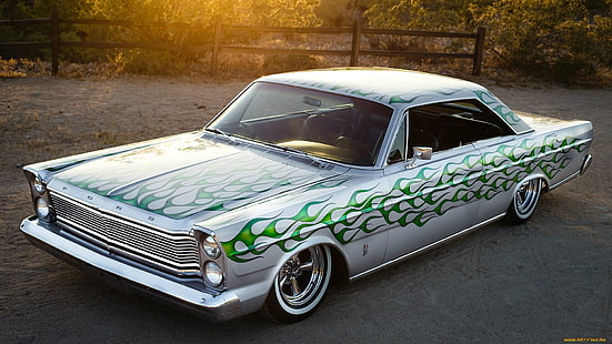 бело-зеленое купе, мускул кар, машина, форд, HD обои HD wallpaper