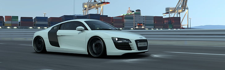 weißes und schwarzes Coupé, Auto, Audi R8, Gran Turismo 6, Videospiele, Mehrfachanzeige, Doppelmonitore, HD-Hintergrundbild