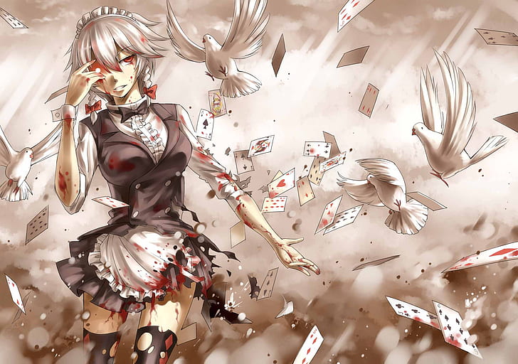 pigeons, the maid, torn clothes, Izayoi Sakuya, burning eyes, blood spatter, Touhou Project, playing cards, obsessed, black magic, in the fog, Project East, HD wallpaper