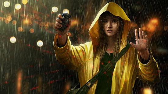 شعيرات متصالبة ، فتاة ، قنبلة يدوية ، مطر ، معطف واق من المطر ، نساء، خلفية HD HD wallpaper