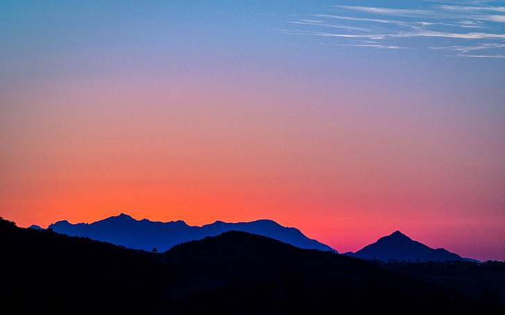The Topanga Gradient, black, blue, california, dusk, mountains, nature, orange, photography, pink, silhouette, sky, sunset, topangacanyon, HD wallpaper