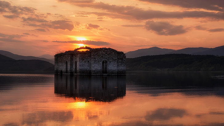 brown concrete structure, nature, landscape, water, Sun, reflection, clouds, Bulgaria, lake, old building, ruin, church, hills, trees, forest, sunset, dam, stone, birds, spring, HD wallpaper
