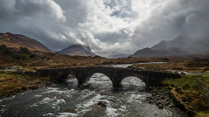 Мосты, Мост, Облако, Остров Скай, Пейзаж, Река, Шотландия, HD обои