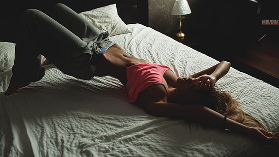 женщины, брюнетка, лежа, худой, Александр Маврин, HD обои HD wallpaper