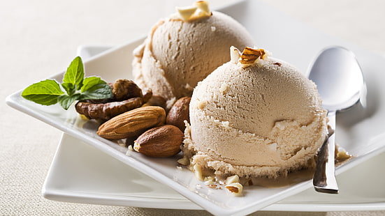 ice cream on ceramic plate, food, ice cream, dessert, nuts, spoons, walnuts, HD wallpaper HD wallpaper