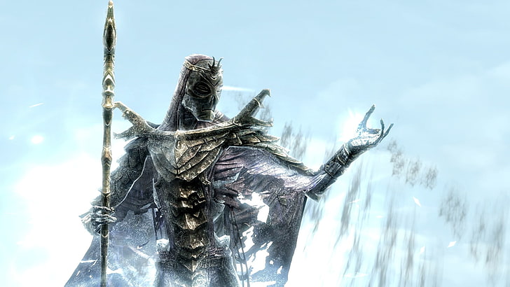 човек, носещ броня, докато държи дигитален тапет на персонала, The Elder Scrolls V: Skyrim, видео игри, HD тапет