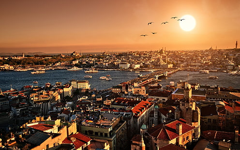 Turkey, Istanbul, beautiful city scenery, sunset, buildings, houses, river, city houses and buildings, Turkey, Istanbul, Beautiful, City, Scenery, Sunset, Buildings, Houses, River, HD wallpaper HD wallpaper