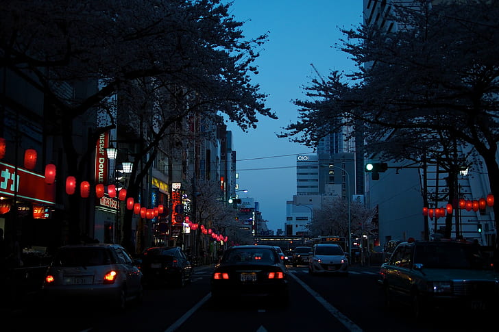 street, night, lights, car, HD wallpaper