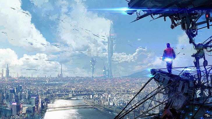 person stand on cliff in front of building digital wallpaper, photo of metropolitan screengrab, futuristic, concept art, city, cityscape, artwork, digital art, Back to the Future, futuristic city, cyan, hoverboard, HD wallpaper