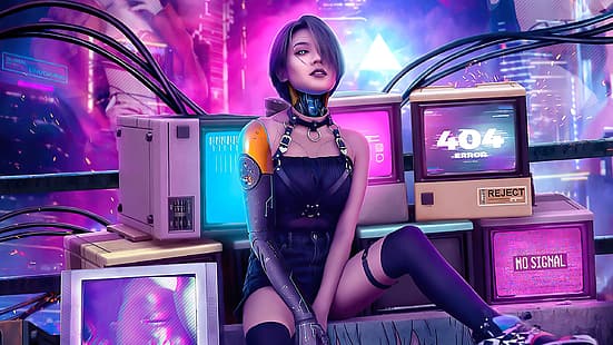  sexy, future, the game, robot, technology, sparks, monitors, error 404, cyberpunk 2077, neon lights, фантастический арт, черные гольфы, cyborg girl, bug 404, девушка-киборг, HD wallpaper HD wallpaper