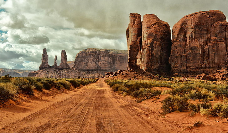 brown rock formation, road, sand, clouds, rocks, AZ, USA, the bushes, Arizona, the ground, Monument Valley, HD wallpaper
