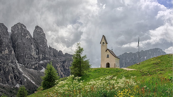 white concrete house, nature, landscape, mountains, trees, Dolomites (mountains), church, field, snow, rock, clouds, flowers, HD wallpaper