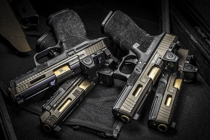 cztery czarne pistolety, broń, pistolety, Glock, SAI Griffon, Tapety HD