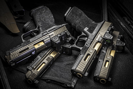 four black pistols, weapons, guns, Glock, SAI Griffon, HD wallpaper HD wallpaper