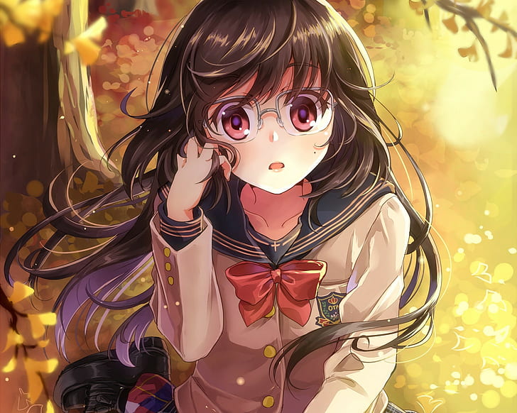 Anime, Anime Girls, lange Haare, Brünette, rote Augen, Brille, Bäume, HD-Hintergrundbild