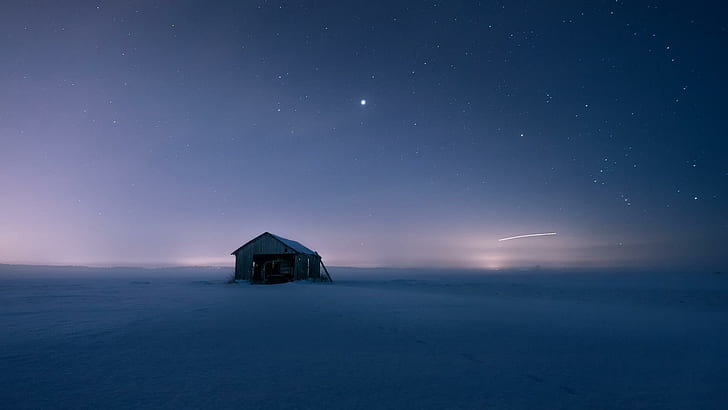 Snow, house, quiet night, the stars, the beautiful scenery alone, snow, house, quiet night, the stars, the beautiful scenery alone, HD wallpaper